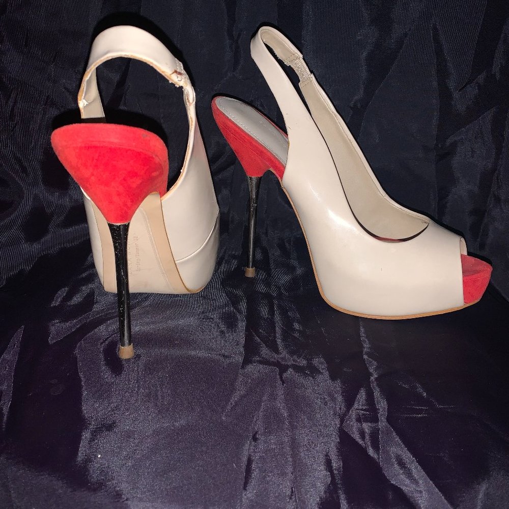 Zara, Neutral patent leather sling metal healed peep-toe platform shoe, size 6.5